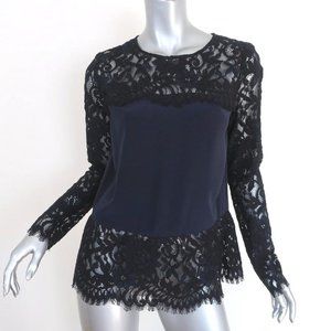 INTERMIX Blue Silk/Black Lace Open Back Blouse Size S